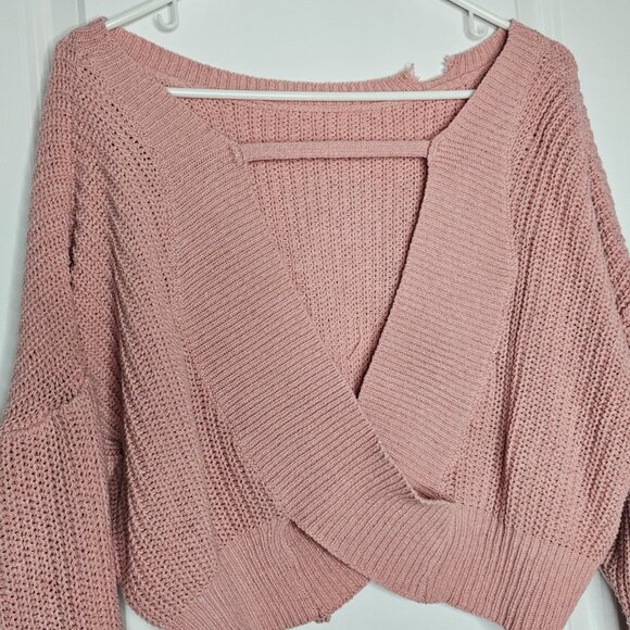 Women's Pink Cropped Distressed Knit Sweater, Size S - Picture 11 of 16